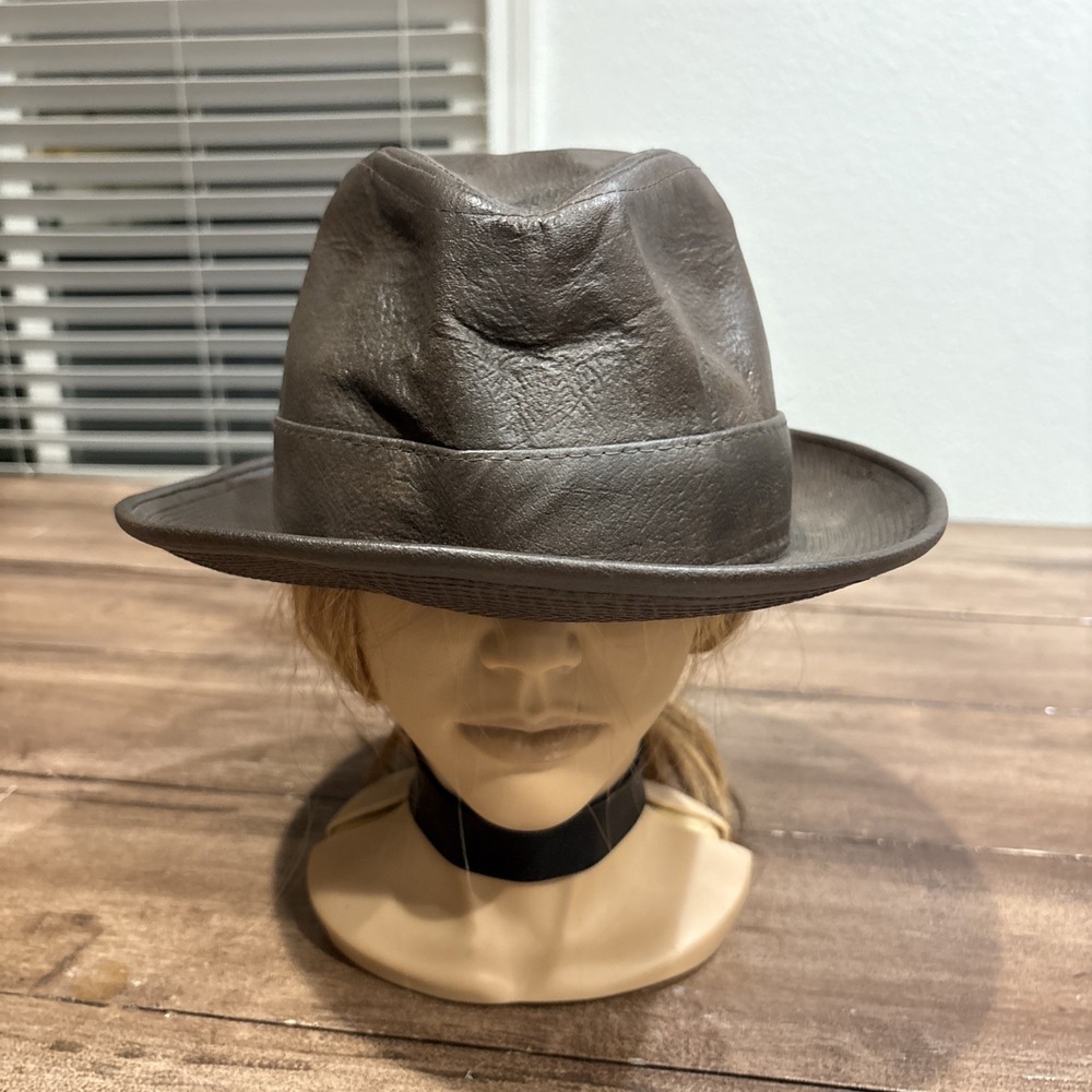 Vtg PENNEY'S Towncraft Genuine Brown Leather Fedora Mens Hat Size S‎ Union Made